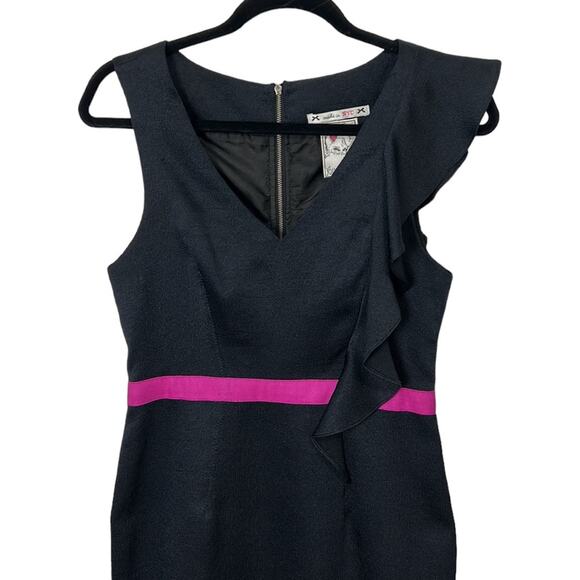 Yoana Baraschi Deep Navy Sheath Ruffle Shoulder Dress Women’s size 4 - Picture 2 of 7